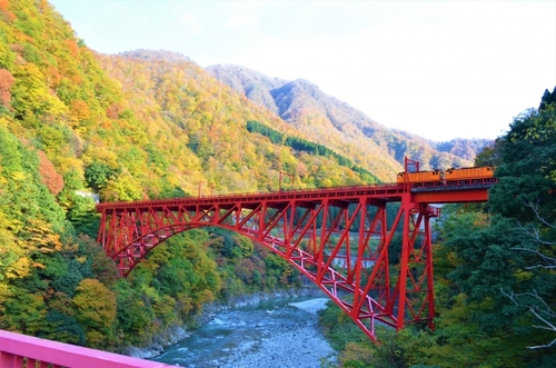 紅葉の黒部峡谷鉄道トロッコ列車　小川温泉「元湯ホテルおがわ」