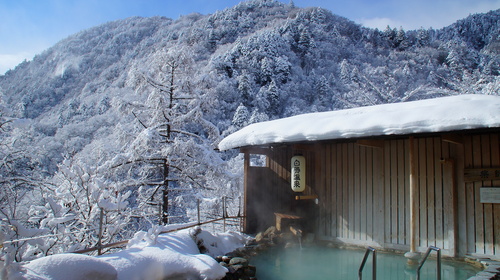 美しい乳白色の老舗旅館の名湯で雪見風呂　白骨温泉 白船グランドホテル